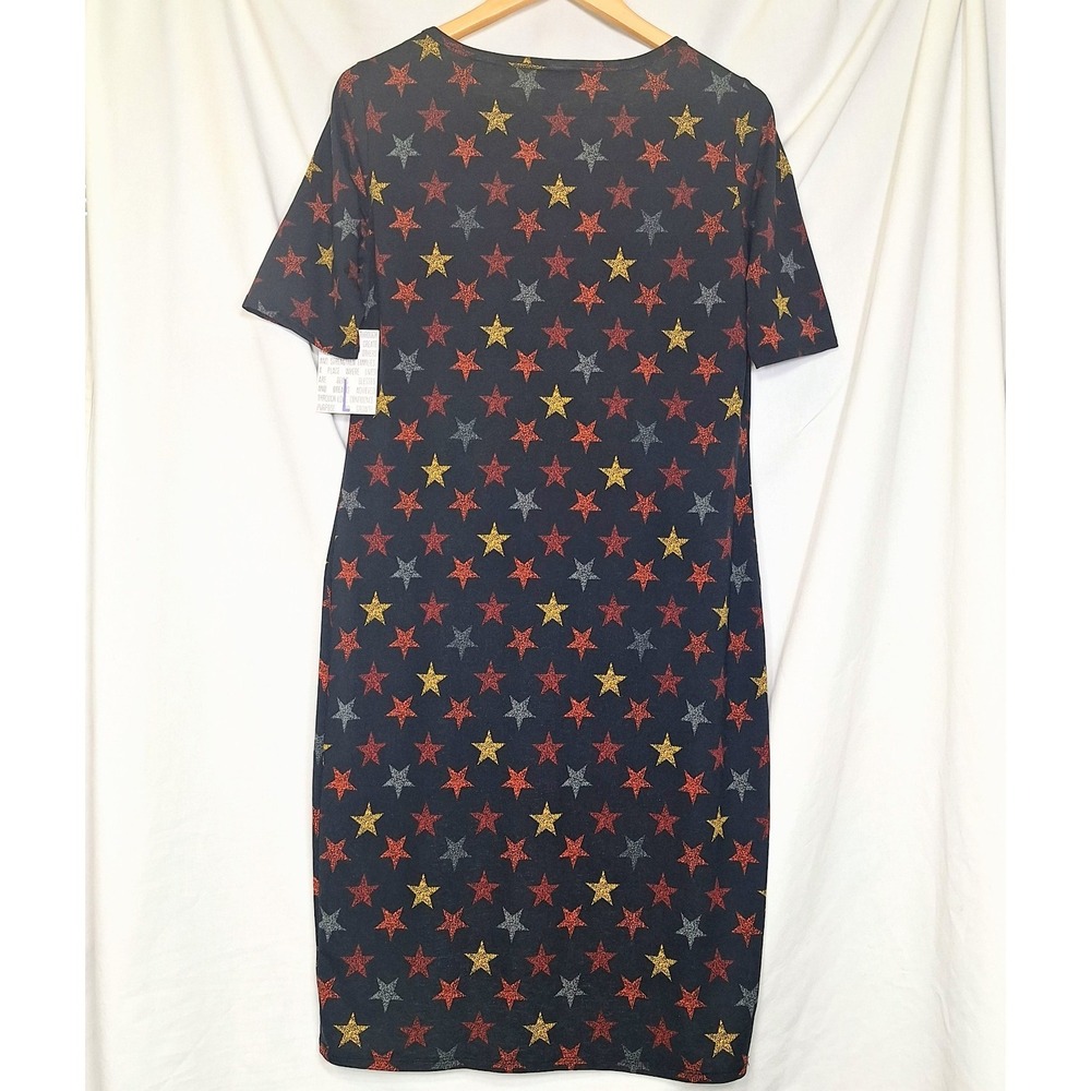 LuLaRoe Size L Black Dress Red Blue Gold Stars Soft Stretch Patriotic Large NWT - Picture 2 of 9